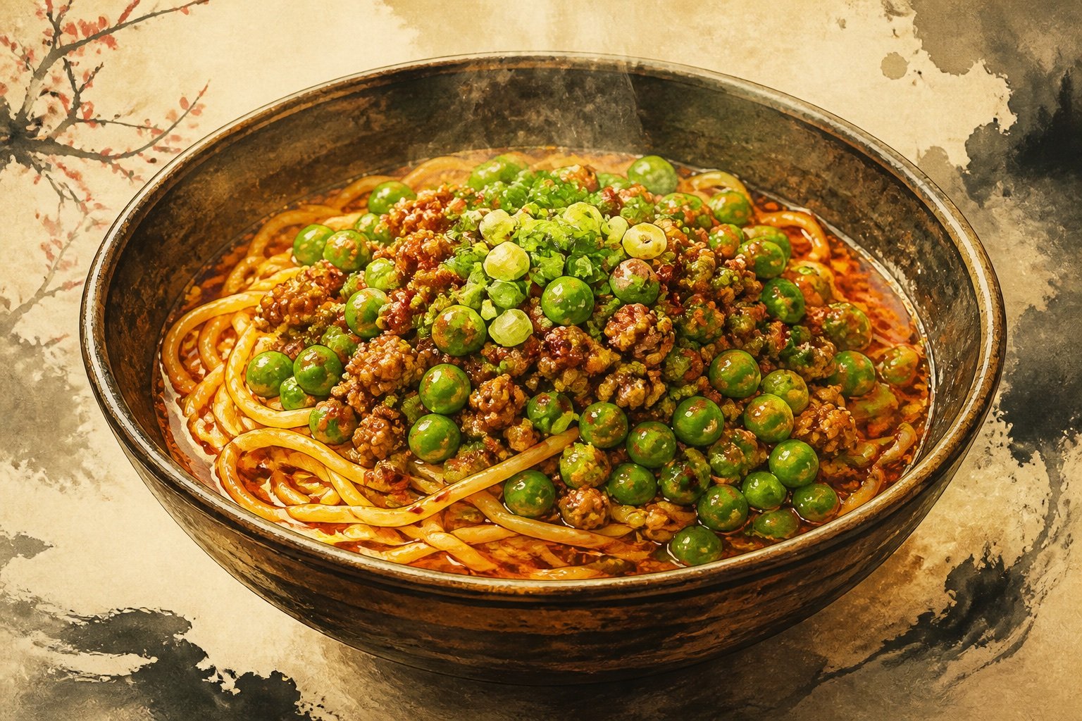 บะหมี่ถั่วหมูสับ: บะหมี่ฉงชิ่งราดถั่วลันเตาตุ๋น หมูสับผัดสด น้ำมันพริก และต้นหอม