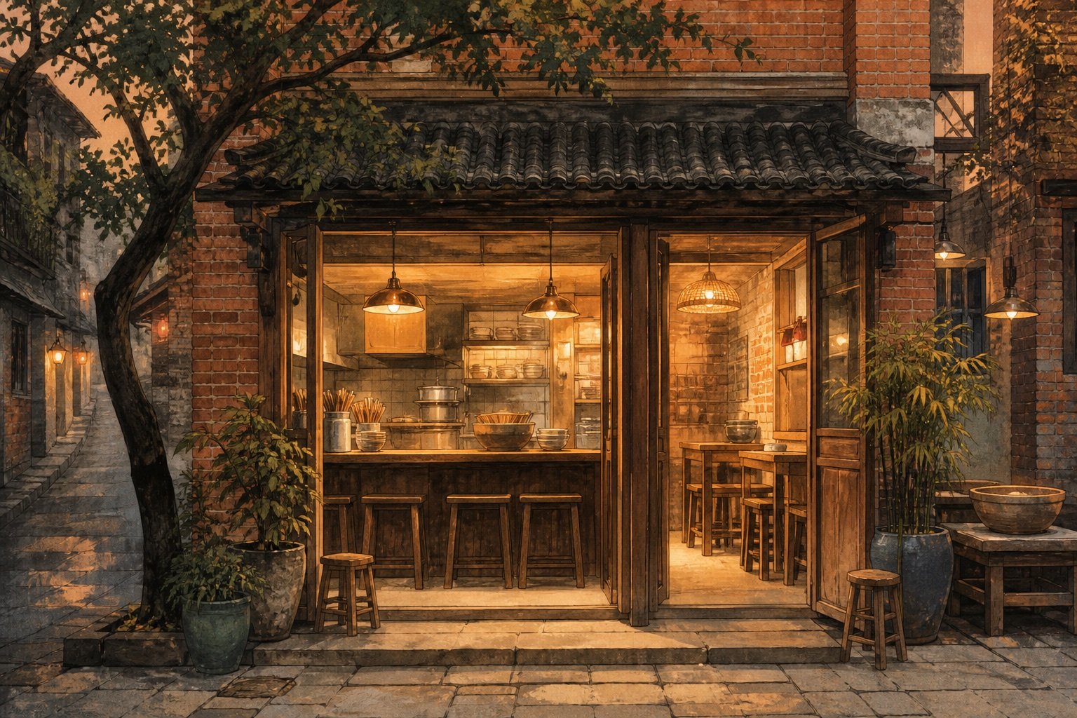 หน้าร้านไม้และป้ายของเหวินจวาน บะหมี่ ในตรอกเก่าของฉงชิ่งยามค่ำ